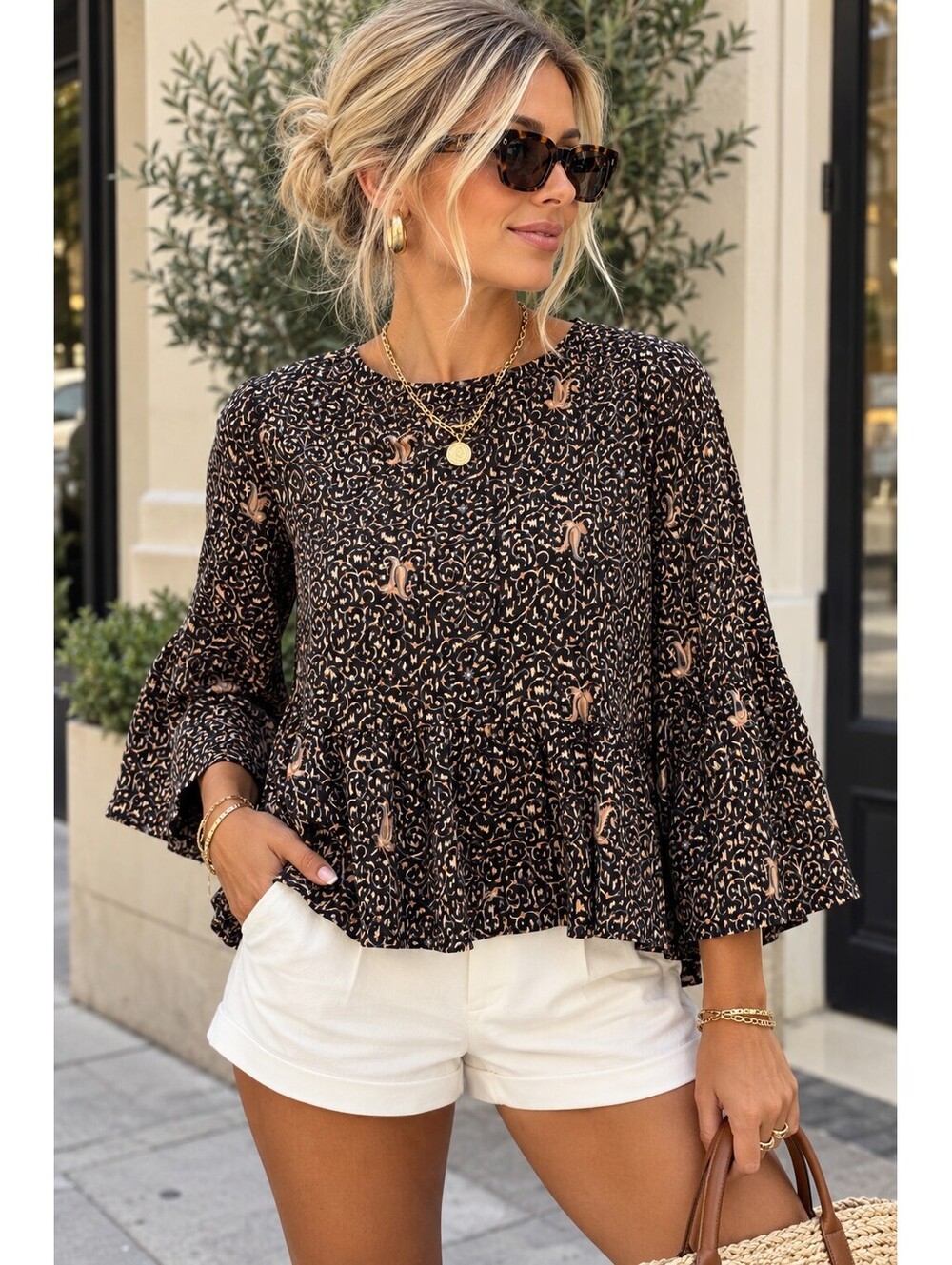 Madewell 100% Silk Fiesta Paisley Bell Sleeve Peplum Top Black Women’s Size L
